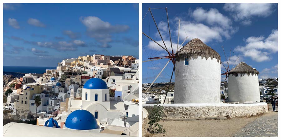The image depicting the island of Mekonos against Santorini