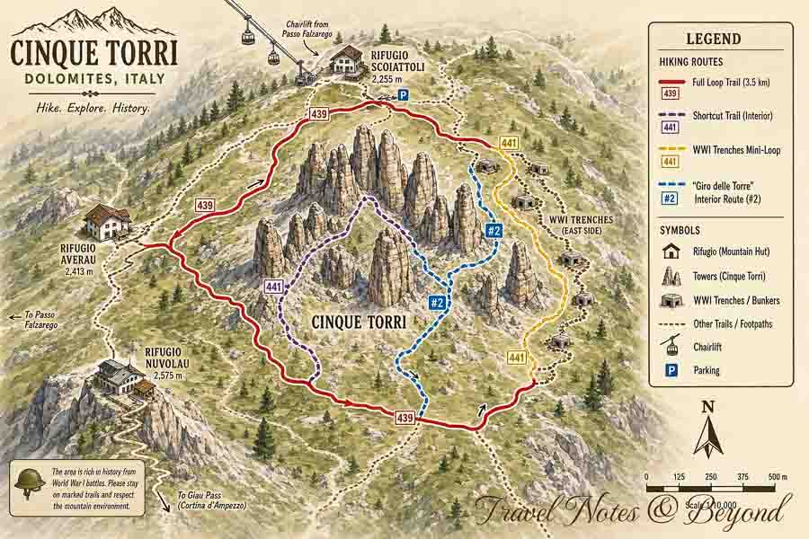 map of the Cinque Torri loop hike