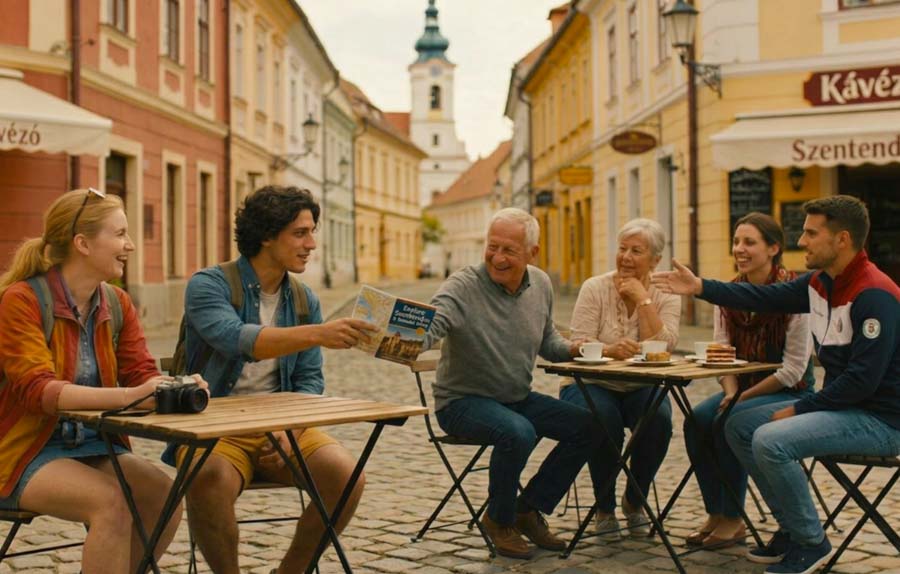 Friendly locals interacting with tourists in Szentendre