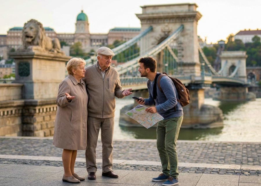Older Hungarian couple trying to communicate with an international visitor