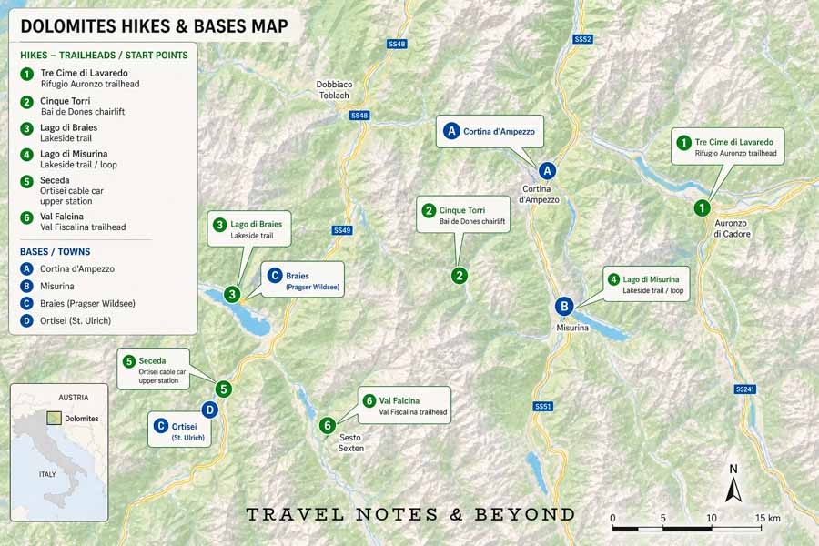 Map of the best hikes in the Dolomites