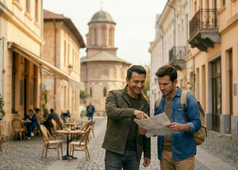 Romania vs Hungary: a Romanian local helping a foreign tourist navigate the town.