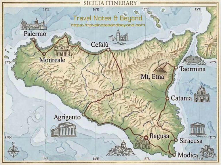 One Week In Sicily Itinerary For The Island S Best Sights Sicily Itinerary Map 1 Of 1 768x573 