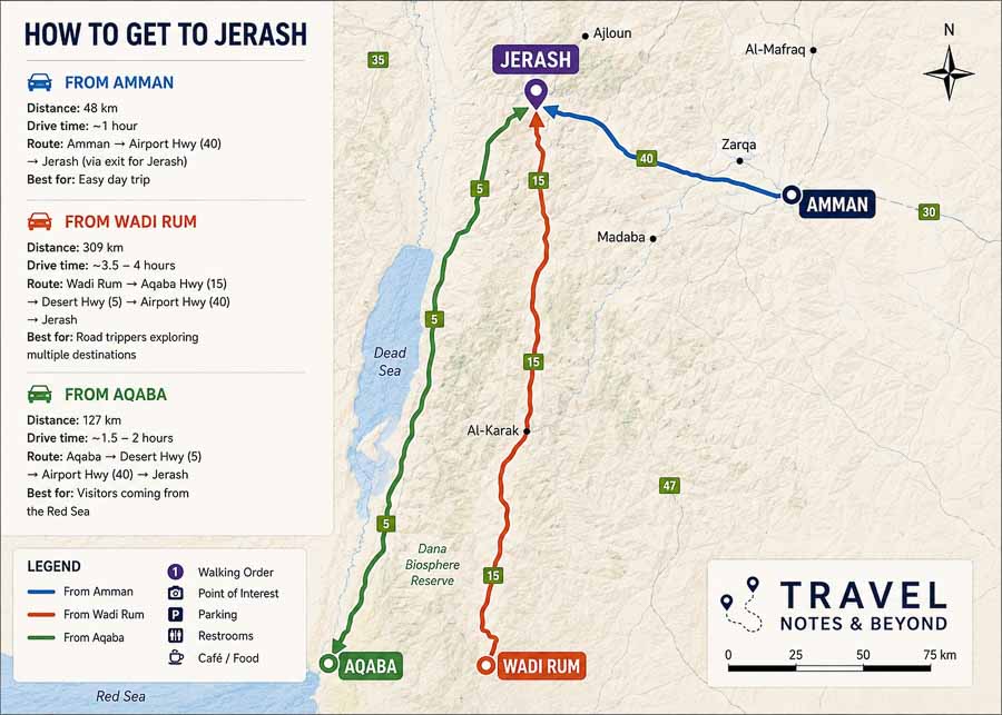 map reflecting the distances between Jerash and Amman, Aqaba and Wadi Rum