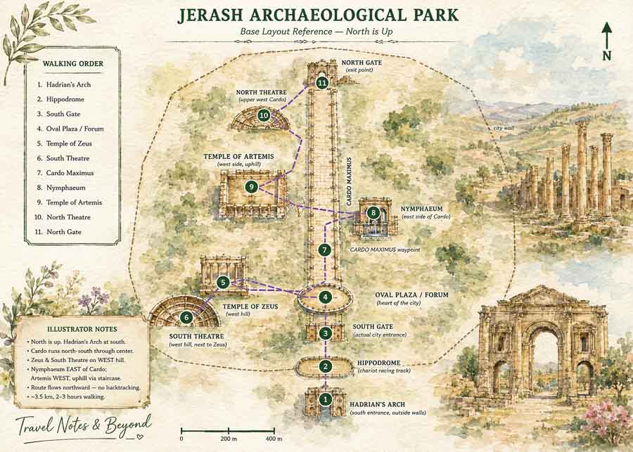 Jerash archeological ruins map depicting all the sites of interest