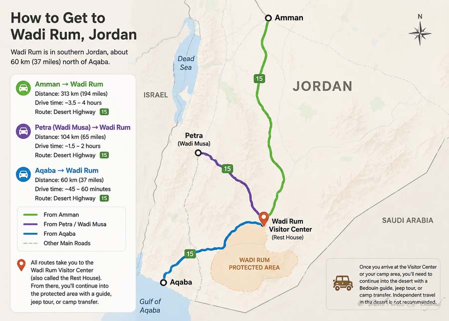 map depicting different routes to Wadi Rum