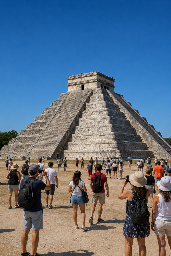 People observing the Pyramid of Kukulkán from behind a rope
