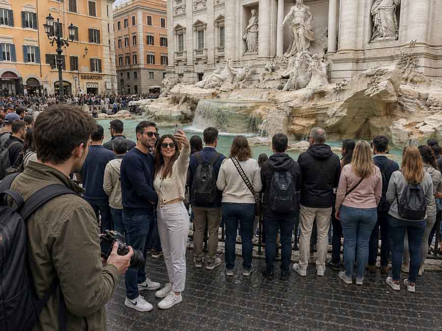 Inconsiderate tourists crowding Fontana di Trevi in Roma