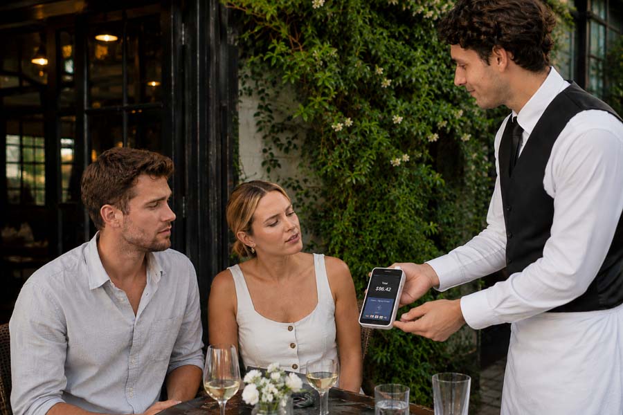 Waiter in handing his customers a point of sale terminal in place of a paper check