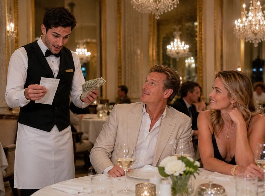 an American tourist overtipping a waiter in Europe