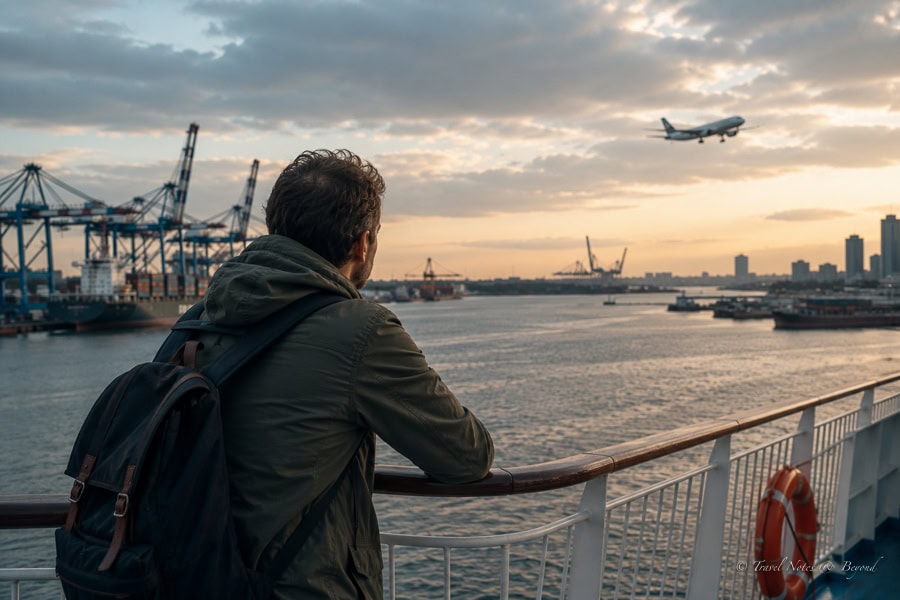 image depicting a man looking outside the window of an airport and thinking that sustainable travel is still an illusion
