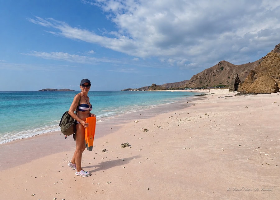 Walking on the Pink Beach on our sailing trip from Lombok to Labuan Bajo