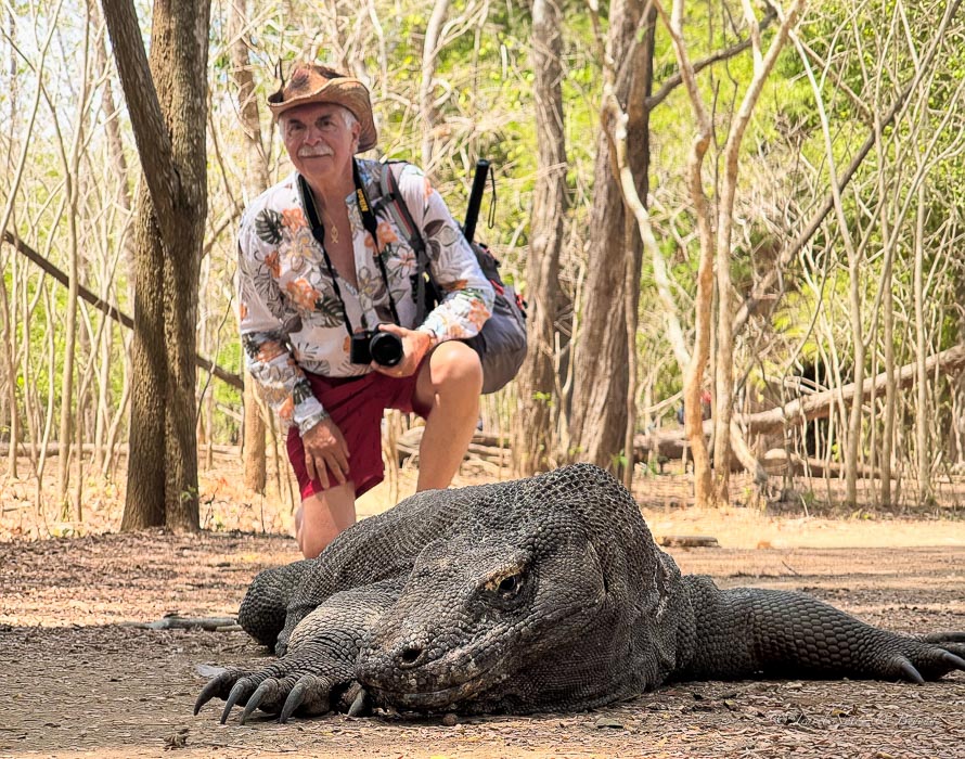 Posing with a Komodo dragon